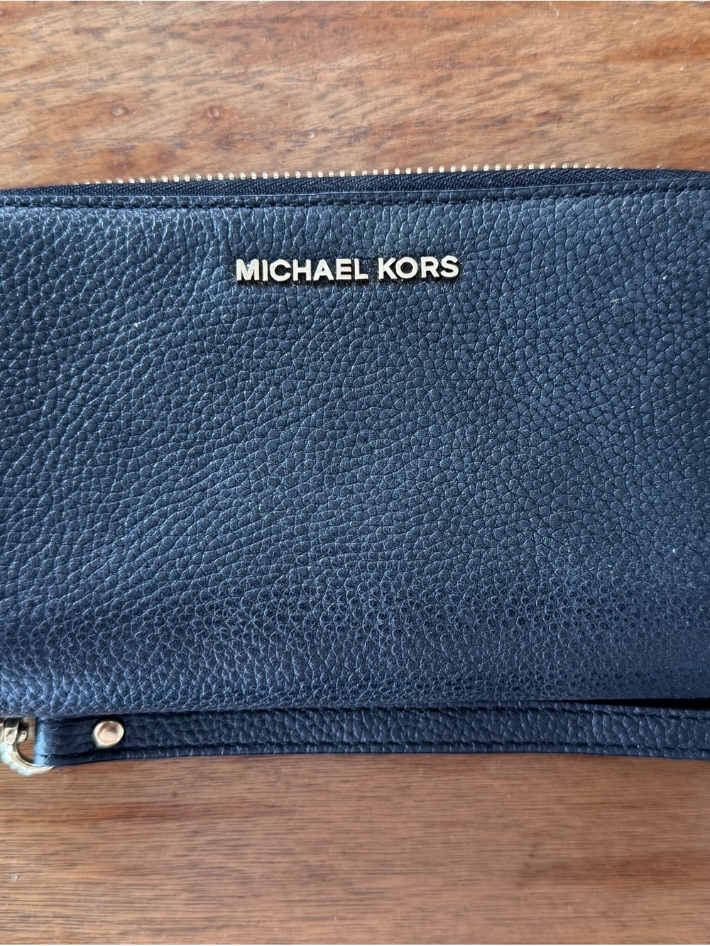 Michael Kors Black Pebbled Leather Zip Wristlet with Gold Logo